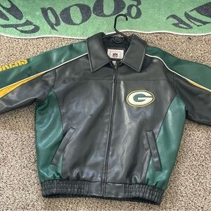 NFL Green Bay Packers Black & Green Leather Bomber Jacket with Yellow Accents